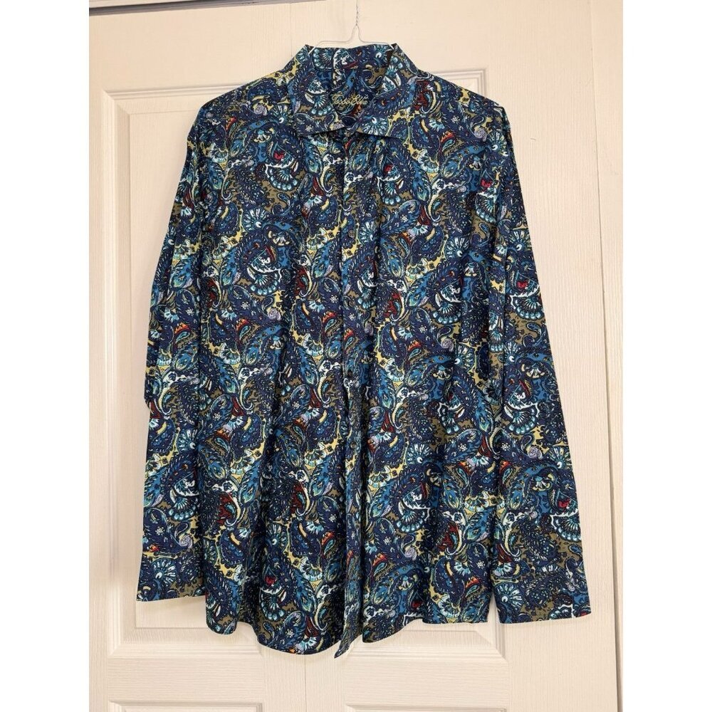 Tasso Elba Mens XXL Paisley Button Up Shirt Blue Tan Cotton Long Sleeve